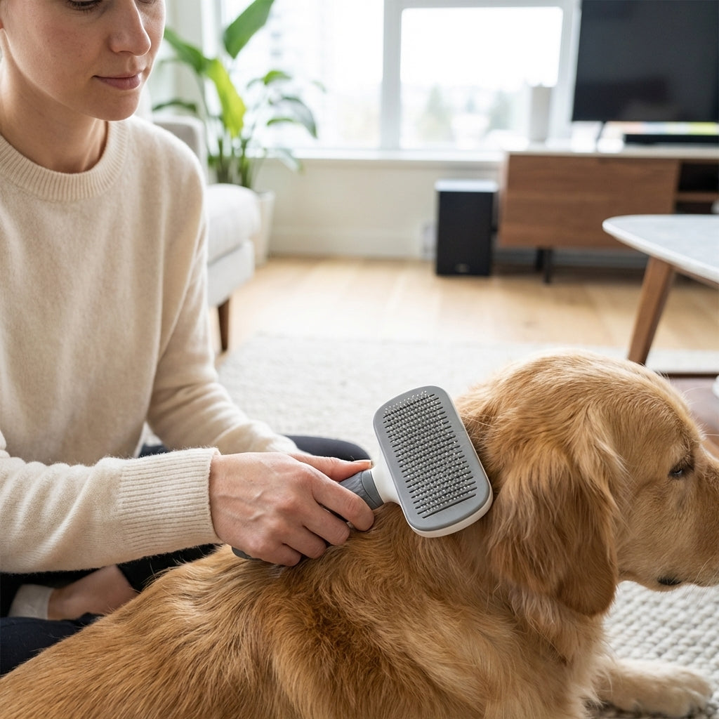The Vela Bristle-Blitz: Self-Cleaning Pet Grooming Brush